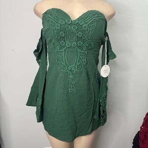 Green Off-Shoulder Boho Tunic with Crochet Detail